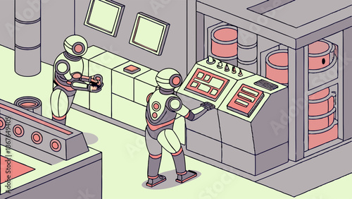 Futuristic Robots Operating Control Panel in Clean Industrial Laboratory for Technology Development and Automation
