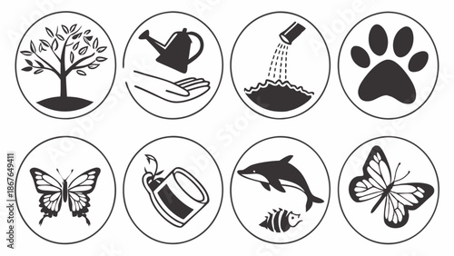 Ecology Conservation Icons Set Tree Watering Soil Animals Butterfly Garden Care Web Design Elements