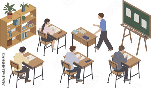 Isometric classroom illustration, students taking exam test, teacher supervising classroom, education concept, school interior scene, learning assessment environment
