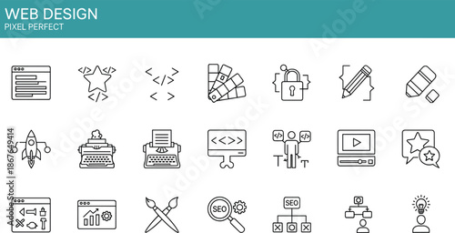 Web Design and Development Pixel Perfect Line Icon Set Vector Illustration Featuring Coding SEO and Strategy Symbols for UI Projects