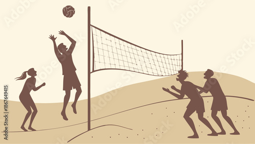 Beach Volleyball Game Silhouettes Summer Vacation Fun Active Sport Teamwork Spiking Ball Over Net for Travel Websites