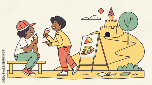 Two Happy Diverse Children Enjoying Ice Cream Cones Outdoors Near Sandcastle Art Project Summer Fun