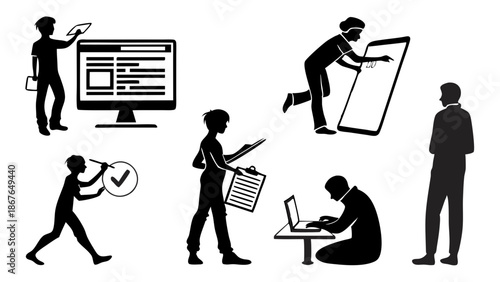 Silhouette Figures Working on Digital Devices Presenting Data and Typing on Laptop for Web Development Project Success