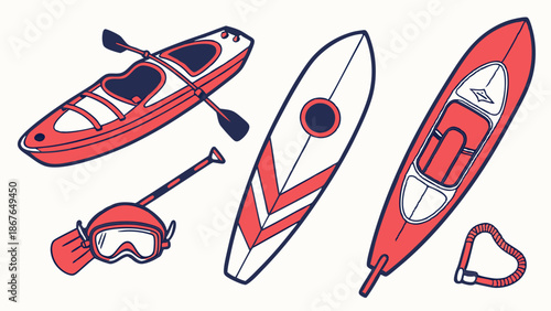 Summer Water Sports Gear Collection Kayak Surfboard Snorkel for Adventure Travel Vacation Design Elements