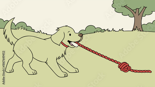Happy Golden Retriever Dog Playing Tug of War with Red Rope Toy Outdoors in Sunny Park for Pet Care Advertising