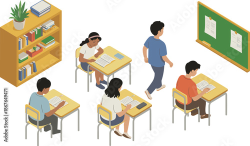 Isometric classroom illustration, students taking exam test, teacher supervising classroom, education concept, school interior scene, learning assessment environment