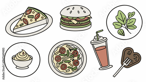 Delicious Fast Food Icons Set Pizza Burger Salad Dressing Milkshake Dessert for Restaurant Menu Design Cafe Promotion
