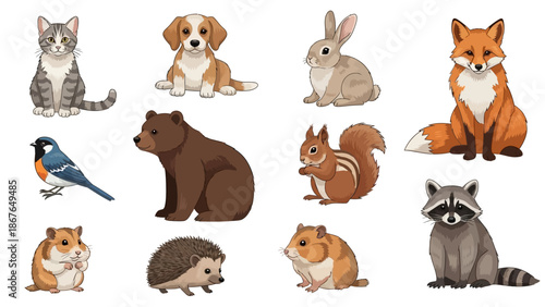 A collection of adorable illustrated woodland and domestic animals including a cat, dog, rabbit, fox, bird, bear, squirrel, raccoon, hedgehog, and hamster