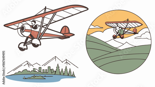 Ultralight Airplane Flying Over Scenic Mountains and City Skyline for Adventure Travel Web Design