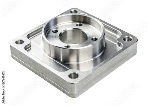 Precision machined metal part with circular component and mounting holes