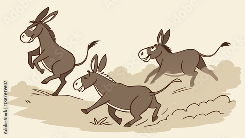 Three Dynamic Brown Donkeys Running Uphill with Determination for Fable Illustration or Farm Animal Website Design