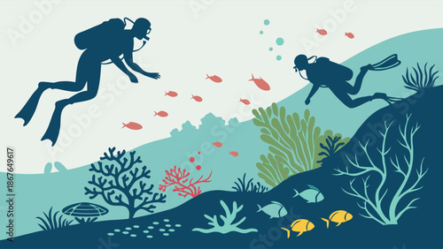 Scuba Divers Exploring Vibrant Coral Reef Ecosystem with Tropical Fish for Travel Web Design and Ocean Conservation Promotion