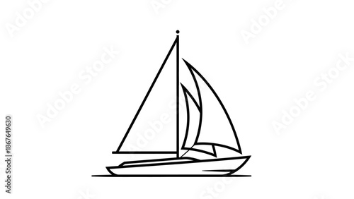 Elegant Sailboat Line Art Icon on Water Waves, Isolated White Background