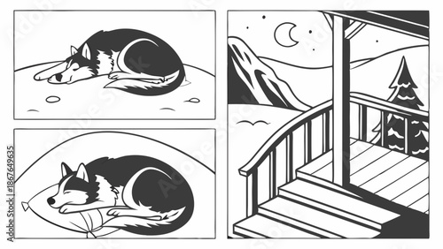 Sleeping Husky Dog Comfortably Resting on Pillow Outdoors Under Night Sky for Pet Care Advertising