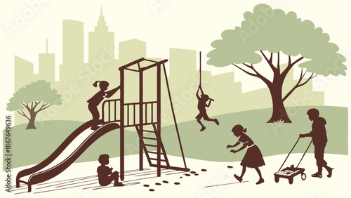 City Park Playground Fun Silhouettes Children Playing Outdoors Summer Recreation Family Lifestyle Illustration for Urban Planning Web Design