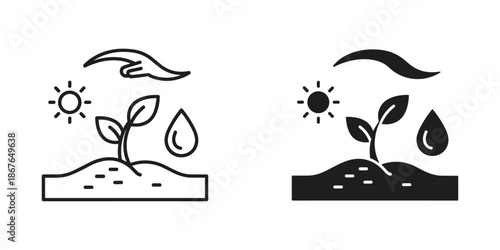 Two Plants with Sun and Rain in Black and White growth