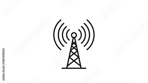 Radio Antenna Tower Icon with Broadcast Signal Waves, Isolated White Background