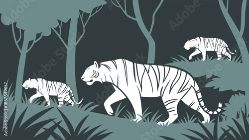 Majestic White Tiger Family Stalking Through Dark Jungle Undergrowth for Wildlife Conservation Campaigns and Nature Designs