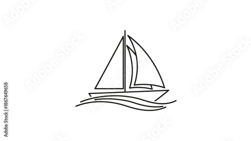 Minimalist Outline Sailboat Icon on Water Waves, Isolated White Background