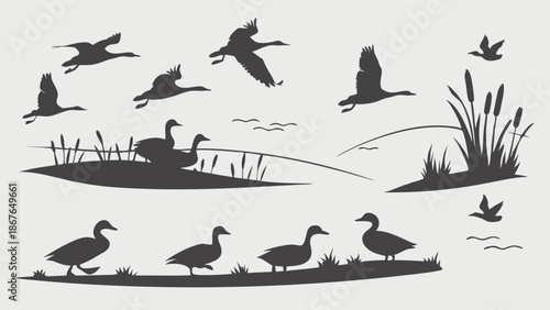 Wildfowl Silhouette Set Flying Swimming Resting Ducks Geese Wetland Nature Design Elements For Outdoor Hunting Travel Websites