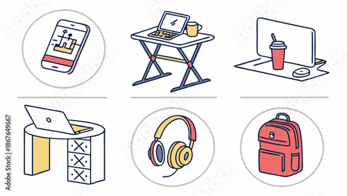 Remote Work Setup Icons Featuring Laptop Smartphone Desk Headphones and Backpack for Digital Nomad Lifestyle Design