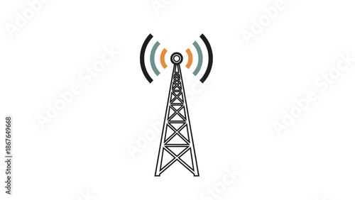 Outline Radio Transmission Tower Emitting Waves Isolated White Background