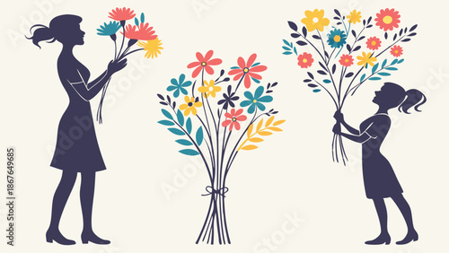 Mother Daughter Silhouette Holding Colorful Flower Bouquets for Spring Holiday Celebration Design Element