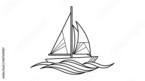 Detailed Sailboat Outline with Waves Isolated White Background
