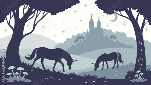 Enchanted Forest Night Silhouette Two Unicorns Grazing Near Mystical Castle Fantasy Background for Children's Books Web Design