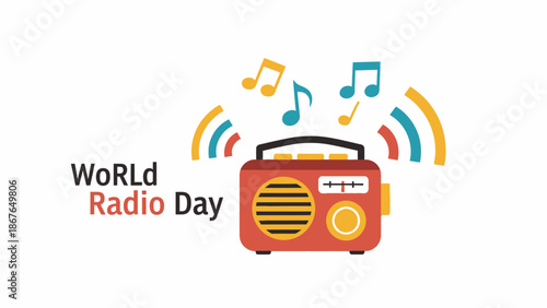 Cheerful Red Vintage Radio Playing Music with Musical Notes and World Radio Day Text on an Isolated White Background