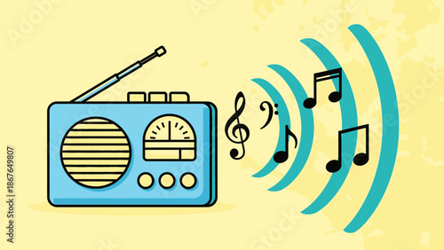 Blue Retro Radio Emitting Sound Waves and Musical Notes on a Yellow Background
