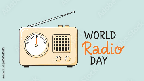 Pastel Vintage Radio with World Radio Day Text on Light Blue Bright Studio Background