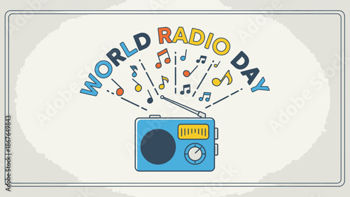 World Radio Day Poster Design with Retro Radio and Musical Notes on Card Background