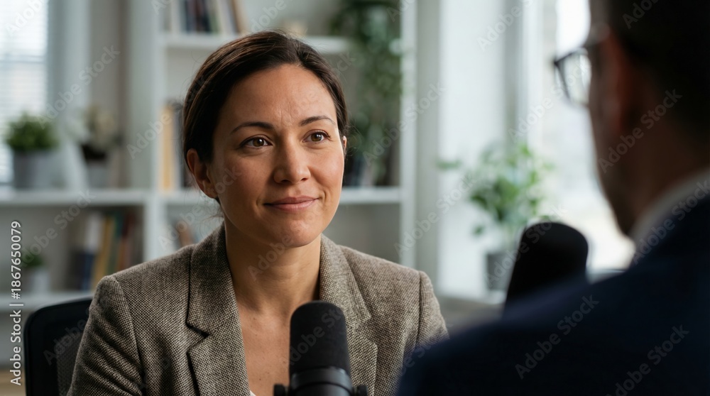 custom made wallpaper toronto digitalProfessional Business Woman Speaking into Microphone During Podcast Interview in Modern Studio