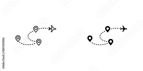 Black and white airplane route map with location pins and dotted lines