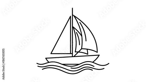 Elegant Line Art Sailboat with Ocean Waves on White Background