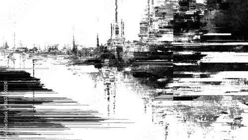 Distressed black and white cityscape with abstract glitch effects and urban skyline in background  distorted modern architecture