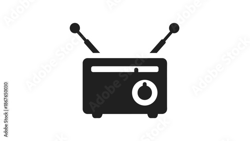 Minimalist Black Radio Icon with Two Antennas on an Isolated White Background.