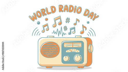 Vintage Radio Receiver Illustration with World Radio Day Text and Musical Notes, on Light Yellow Bright Studio Background