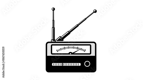 Classic Radio Receiver Outline Icon with Extended Antenna and Tuning Dial, Black Line Art on Isolated White Background
