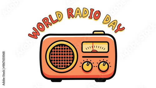 Orange Vintage Radio with "World Radio Day" Text on an Isolated White Background.