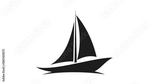 Minimalist Black Sailboat Icon with Sail and Mast on an Isolated White Background.