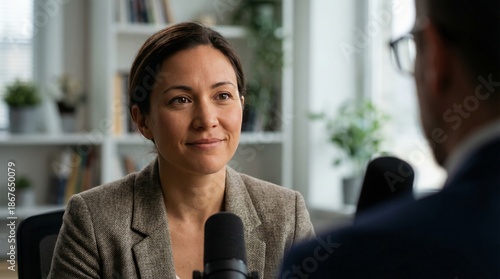Wallpaper Mural Professional Business Woman Speaking into Microphone During Podcast Interview in Modern Studio Torontodigital.ca