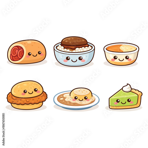Kawaii Cute Food Characters Set – Cartoon Desserts and Snacks Icons