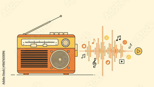 Retro Style Radio Receiver Playing Music with Sound Waves and Musical Notes on a Bright Studio Background.