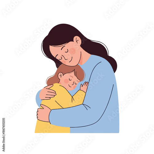 A mother tenderly hugs her child in a warm embrace