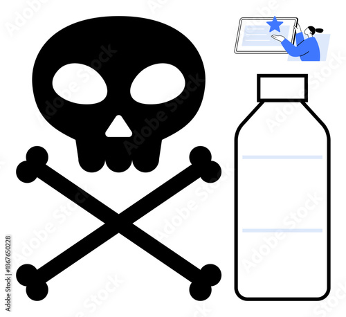 Health hazards, poisoning, toxic substances, safety awareness, online learning, educational resources. Black skull with a bottle and person at a device. Health hazards and poisoning concept