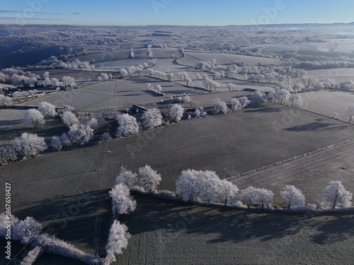 Frozen winter landscape countryside in aveyron