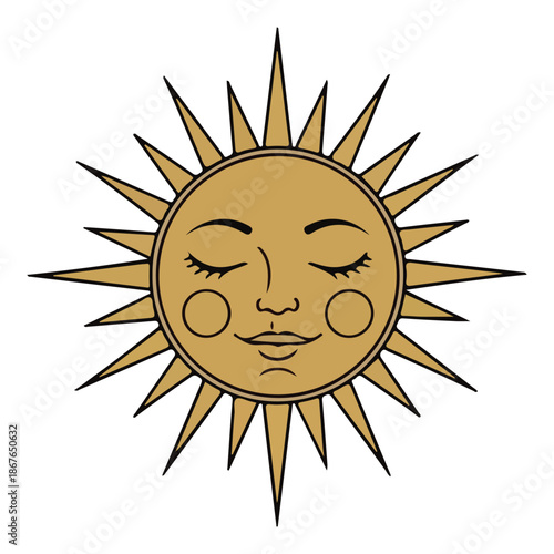 Smiling sun with closed eyes and rays isolated on white background.