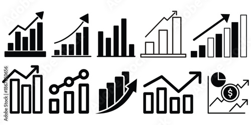 Set of Growing Business Bar Chart Illustrations with Trend Lines Vector